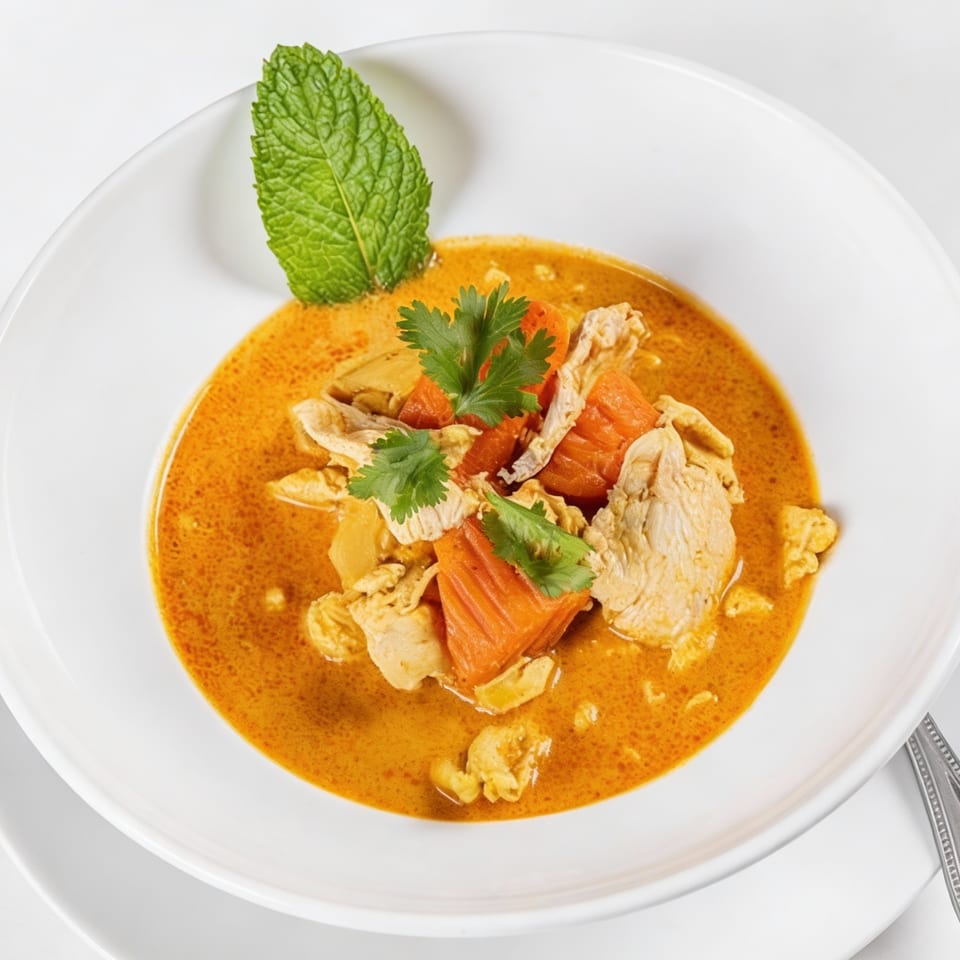 Phaya Thai Halal Restaurant's red curry with chicken, carrots, and herbs in a white bowl.